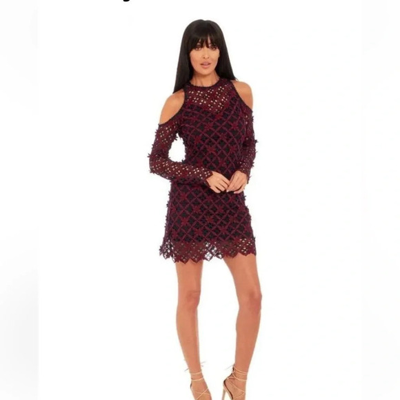 Self-Portrait Floral Grid‎ Cold Shoulder Mini Dress Burgundy Navy Guipure Lace 6 - Picture 1 of 16
